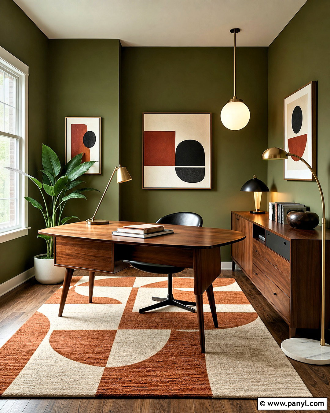 Olive Green Office With Midcentury Furniture - 20 green wall office ideas