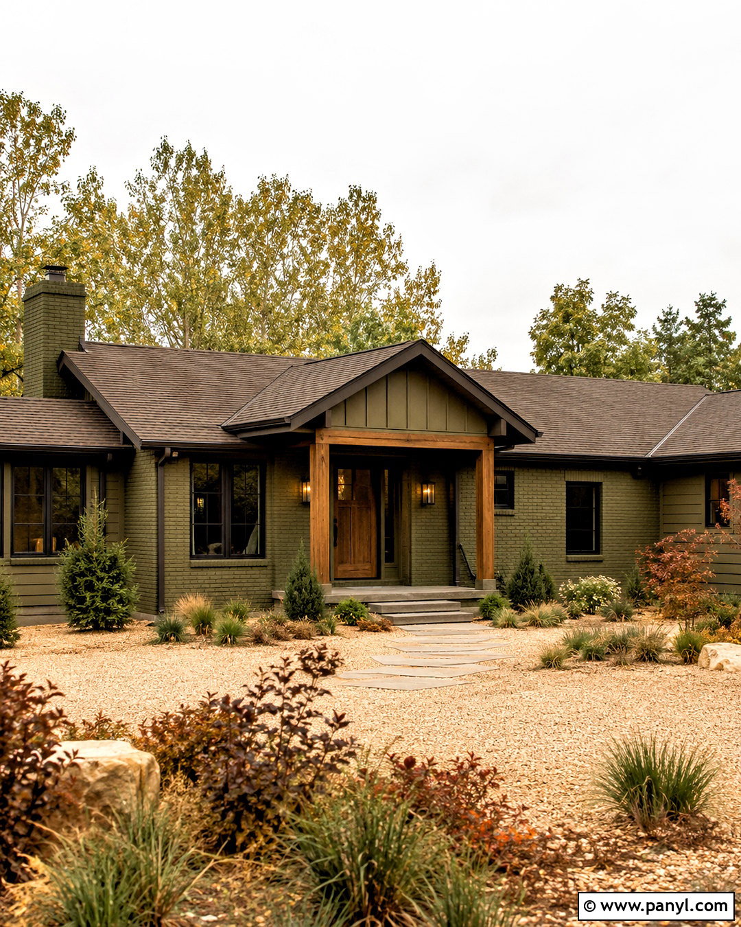 Olive Green Painted Brick Ranch House - 20 painted brick house exterior before and after ideas
