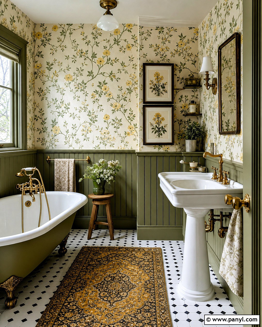 Olive Green Paneling With Yellow Wallpaper - 20 green and yellow bathroom ideas