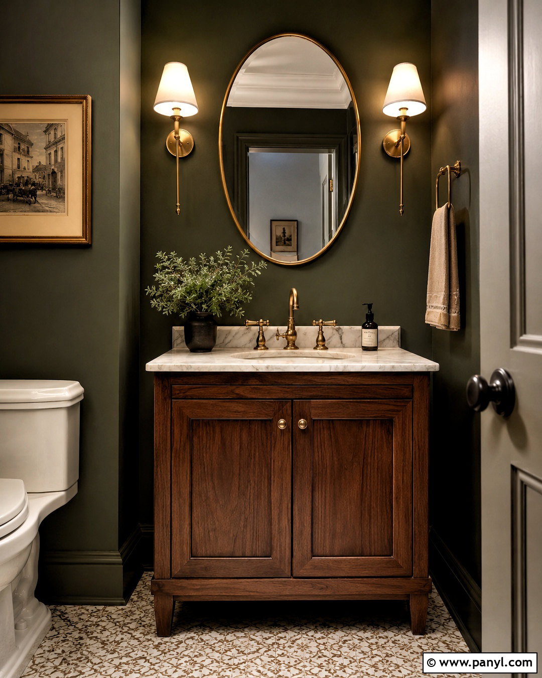 Olive Green Powder Room With Dark Wood Vanity - 40 olive green walls