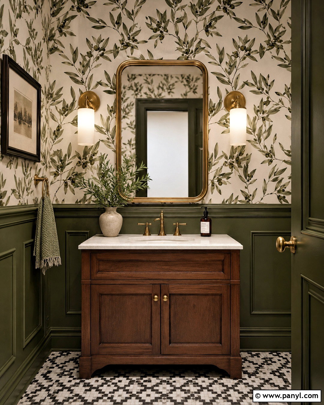 Olive Green Powder Room With Patterned Wallpaper - 20 olive green room ideas