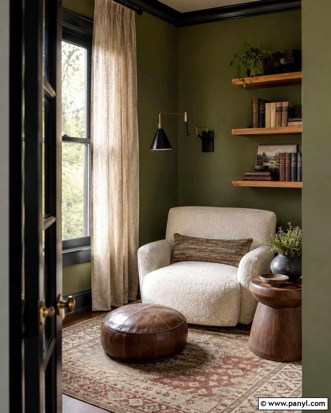 Olive Green Reading Nook With Black Trim - 20 Olive Green Walls With Black Trim Ideas