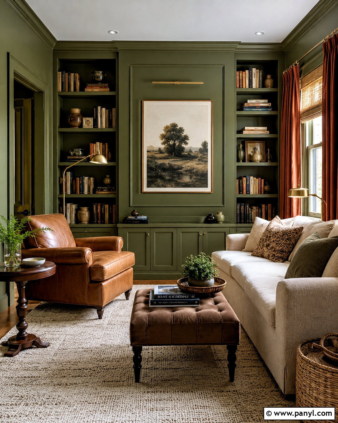 Olive Green Reading Room With Leather Seating - 20 olive green room ideas