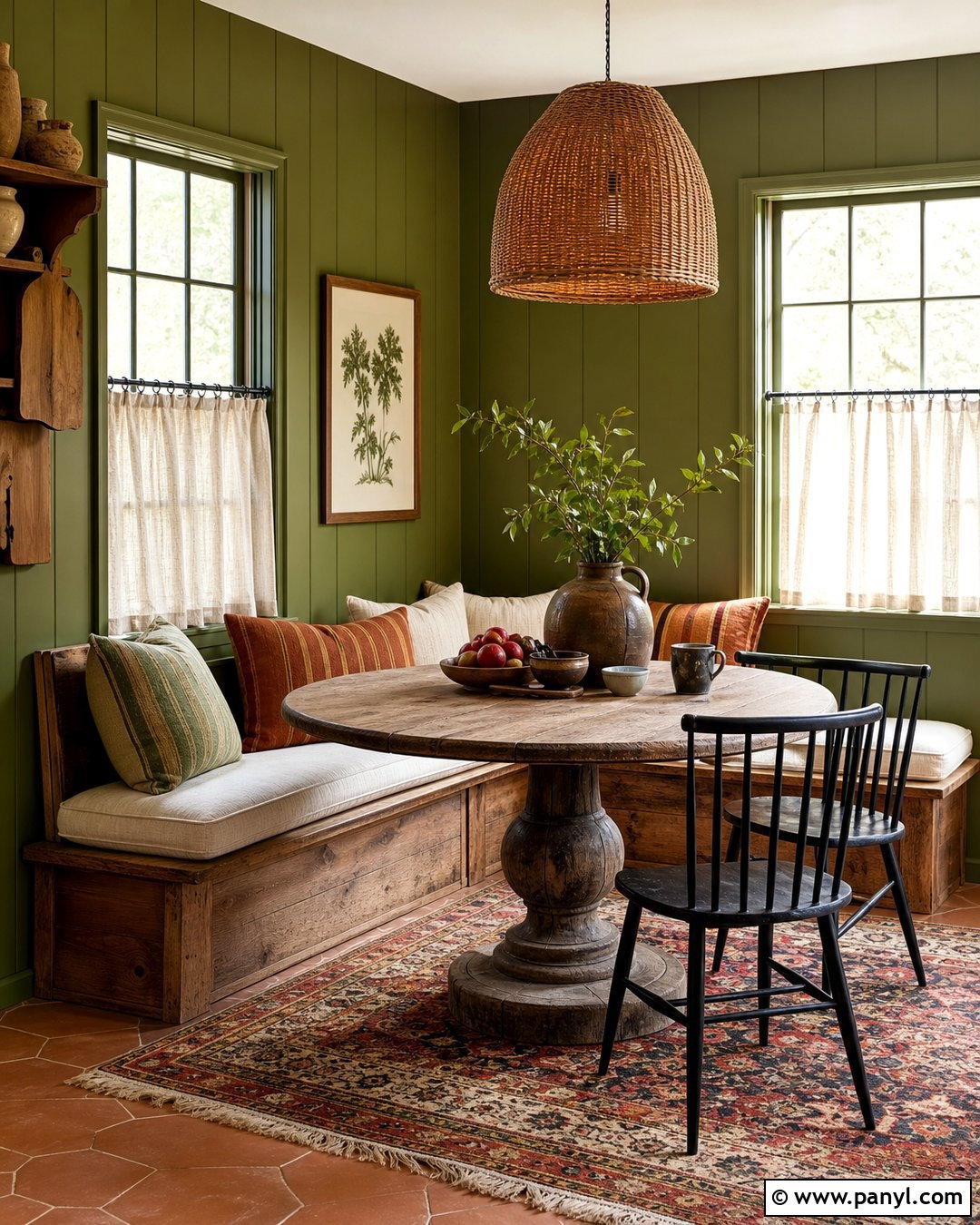 Olive Green Rustic Breakfast Nook - 20 Green Wall Rustic Style Ideas