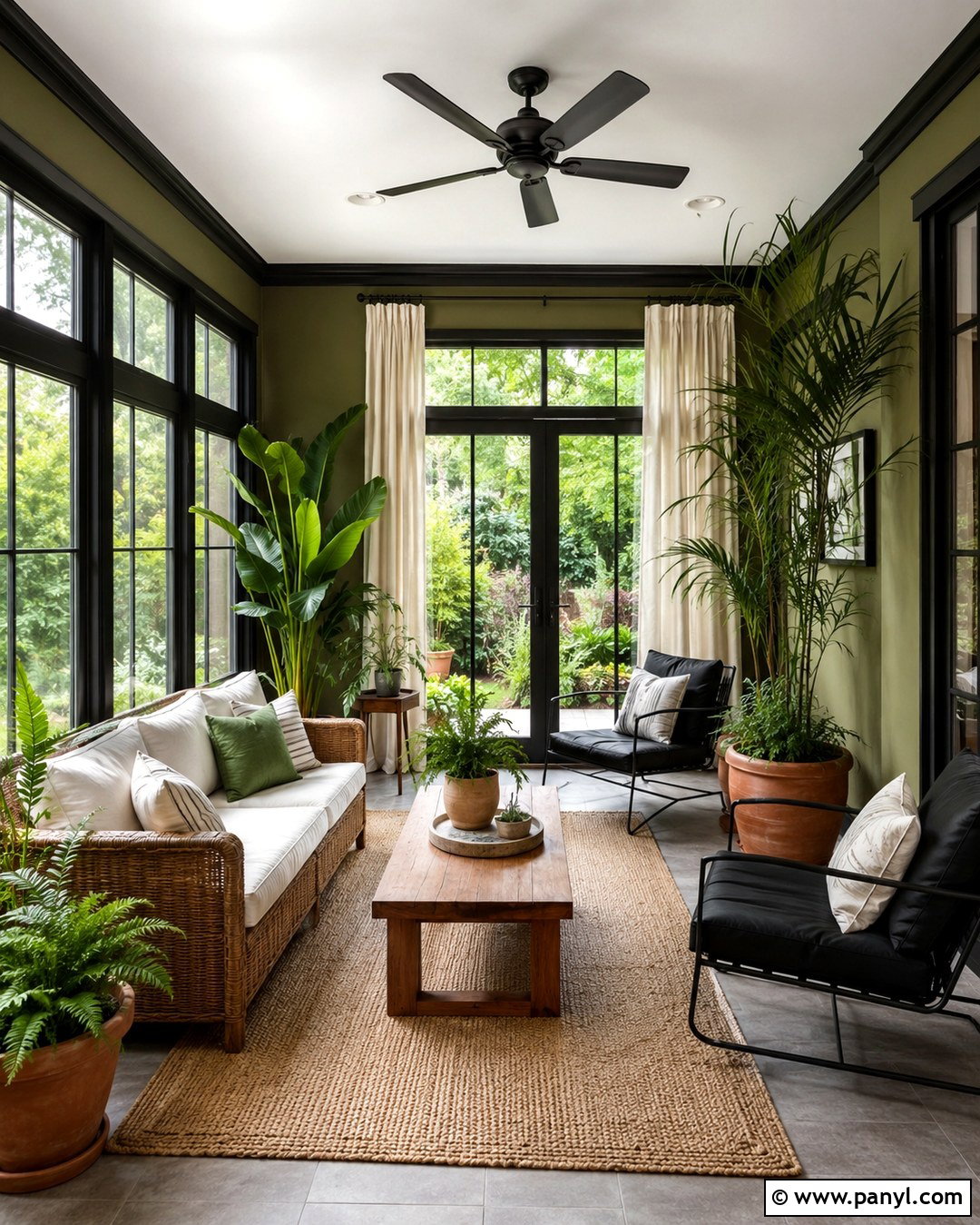 Olive Green Sunroom With Black Trim - 20 Olive Green Walls With Black Trim Ideas