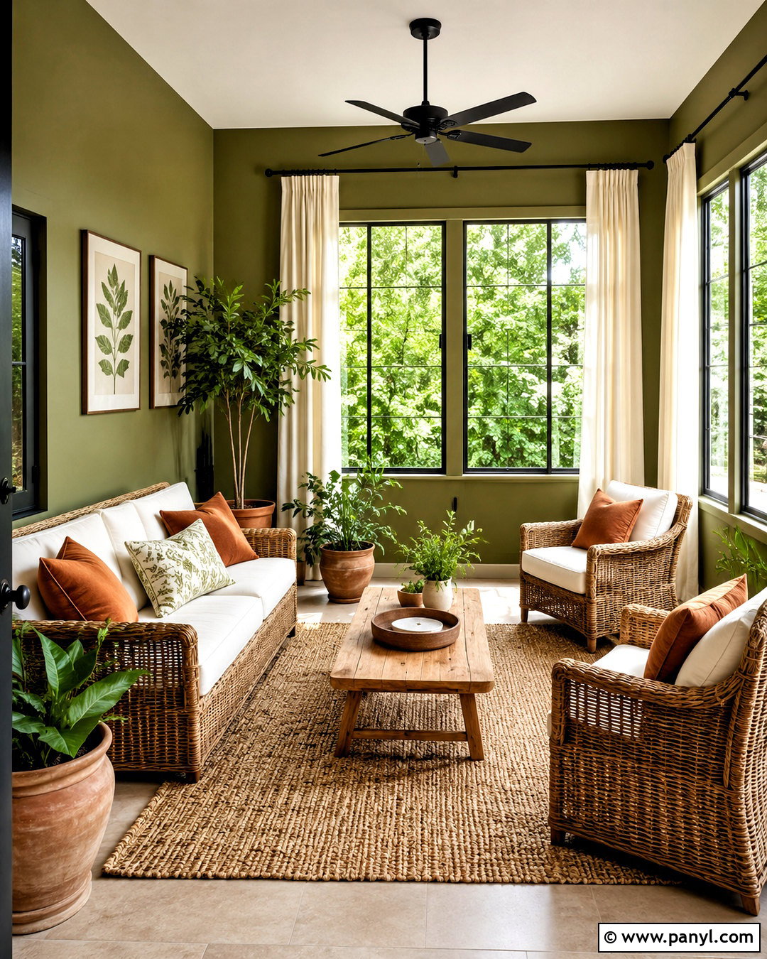 Olive Green Sunroom With Rattan Furniture - 40 olive green walls