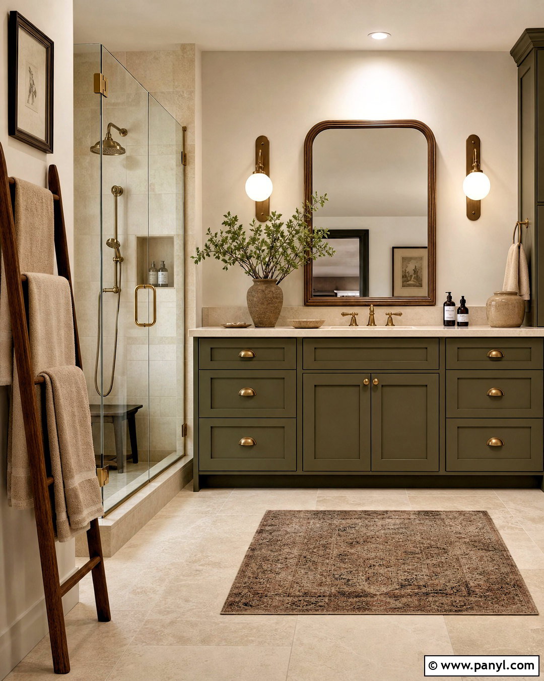 Olive Green Vanity with Beige Tile - 20 beige and green bathroom ideas