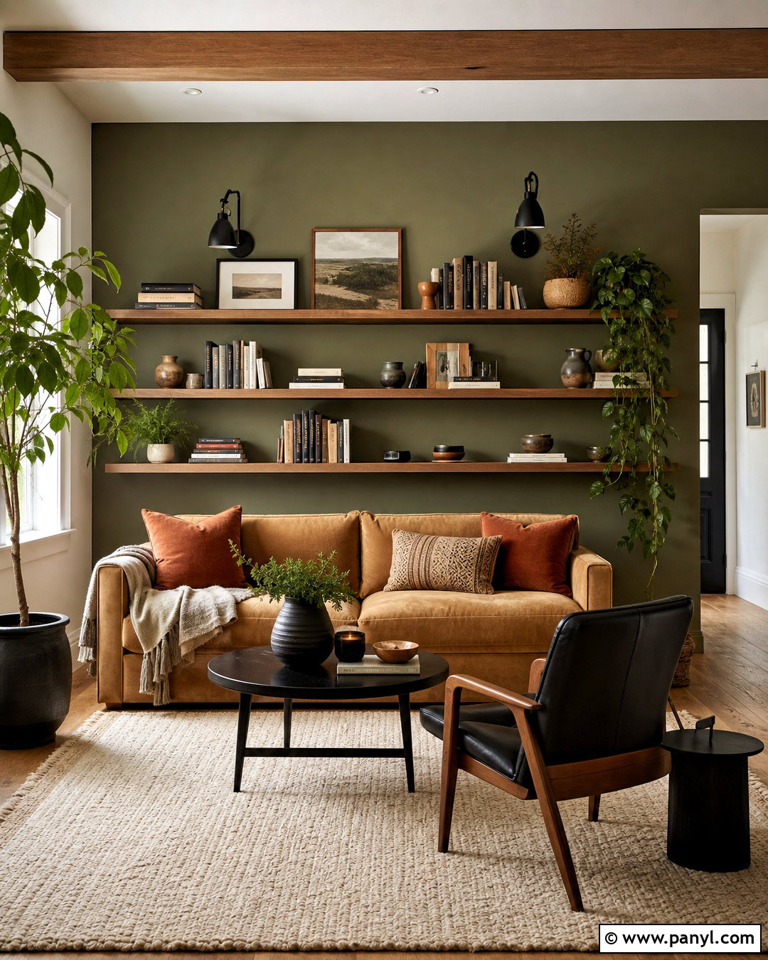 Olive Green Wall With Floating Shelves - 20 green wall decor ideas
