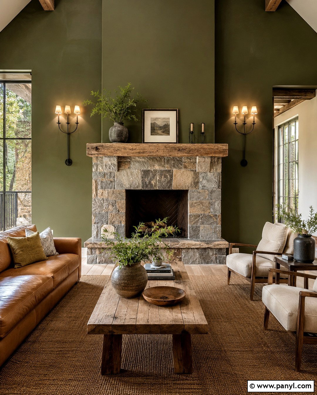 Olive Green Wall With Stone Fireplace - 20 Green Wall Behind Fireplace Ideas