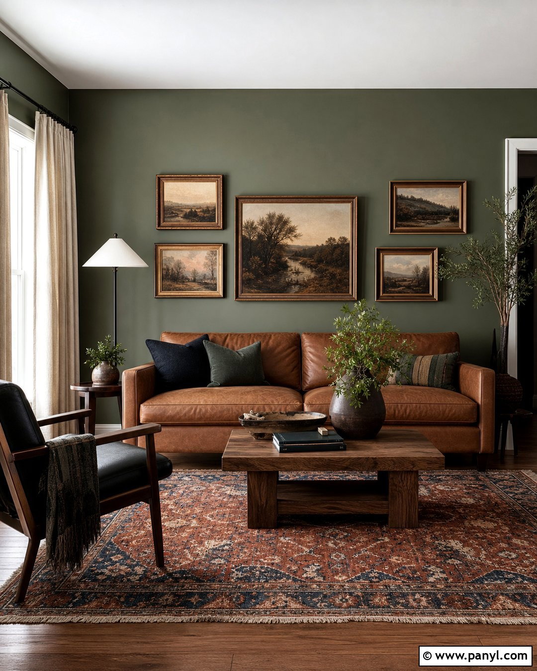 Olive Green Walls With A Camel Leather Sofa - 20 Olive Green Wall Living Room Ideas