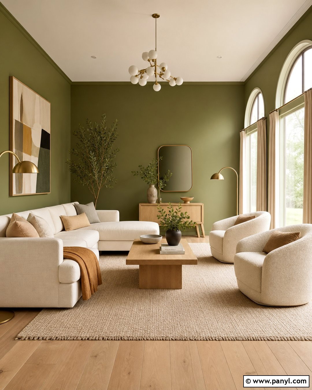 Olive Green Walls With A Cream Sofa - 20 Olive Green Wall Living Room Ideas