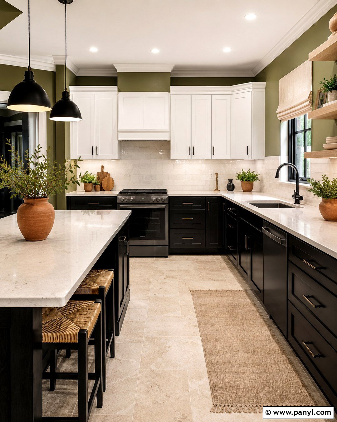 Olive Green Walls With Black Lower Cabinets - 20 Black And White Kitchen With Green Walls