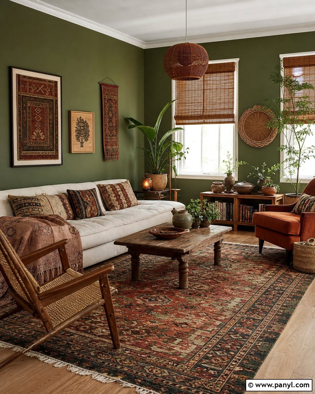 Olive Green Walls With Boho Decor - 20 Olive Green Wall Living Room Ideas