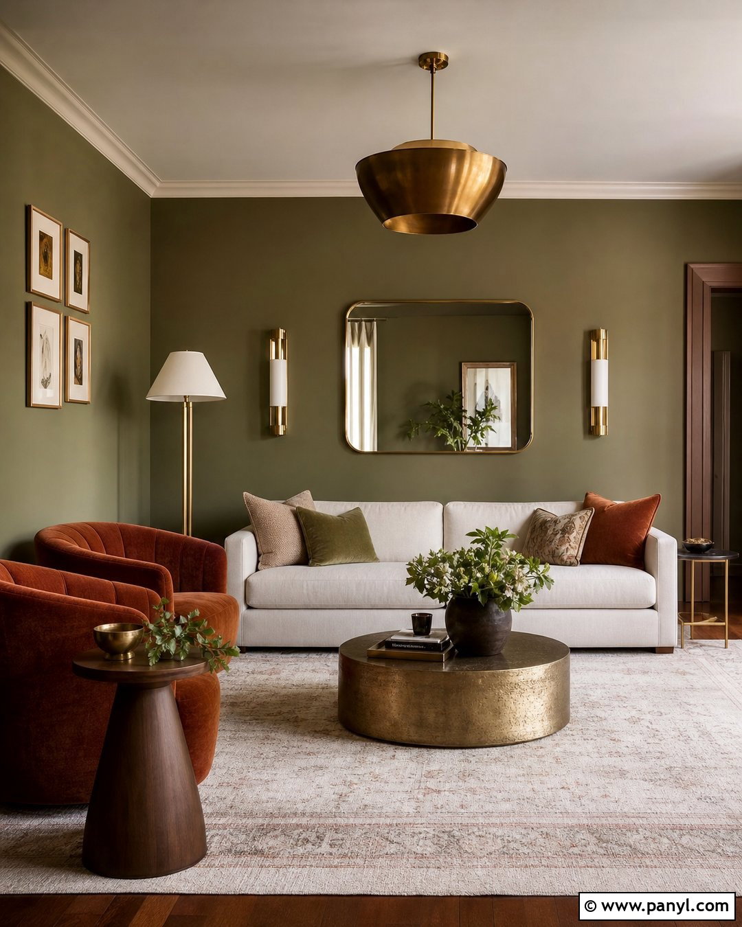 Olive Green Walls With Brass Details - 20 Olive Green Wall Living Room Ideas