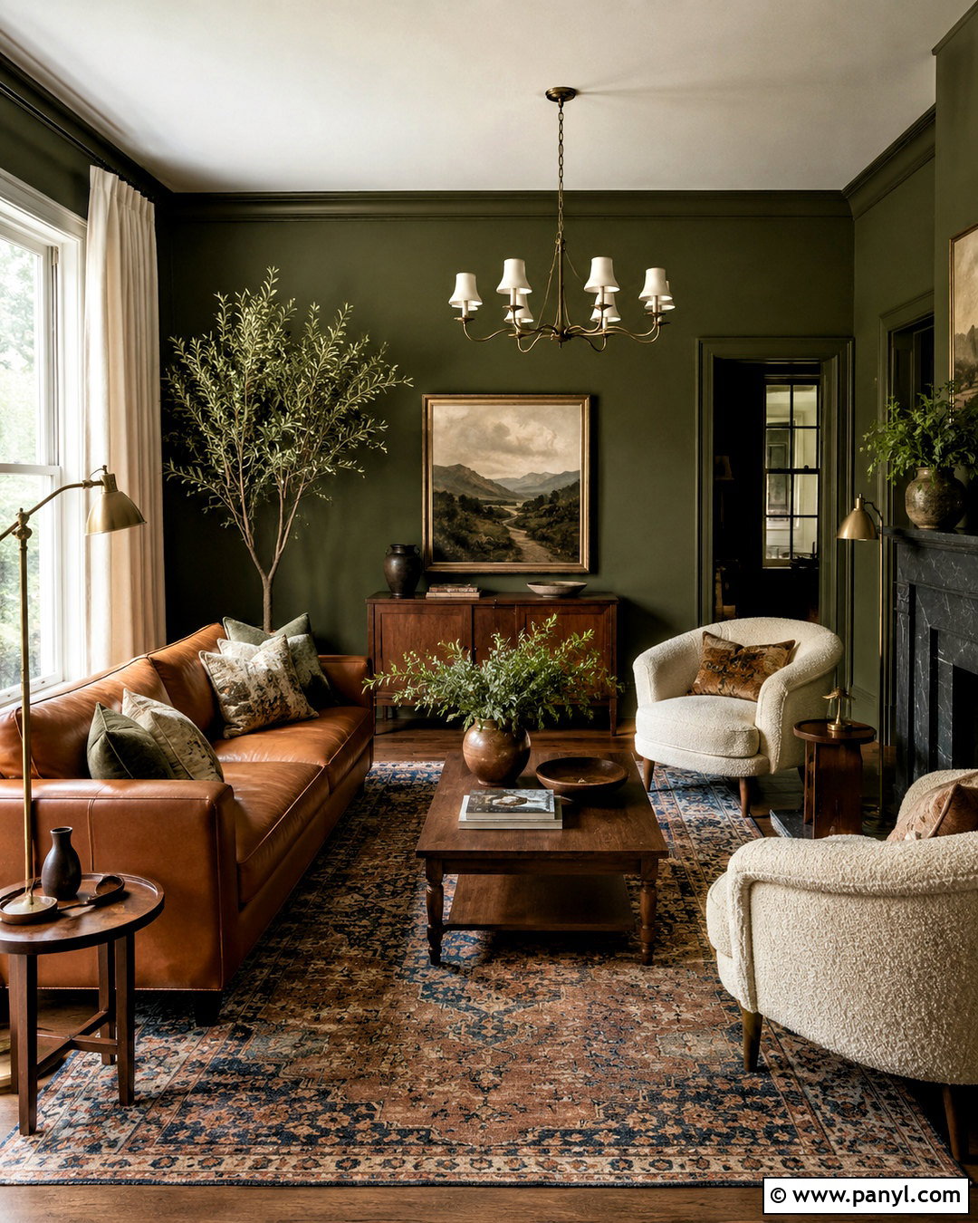 Olive Green Walls With Brown Leather Sofa - 20 living room with green walls