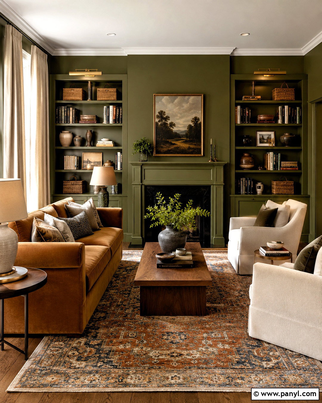 Olive Green Walls With Built-In Bookshelves - 20 olive green walls living room ideas