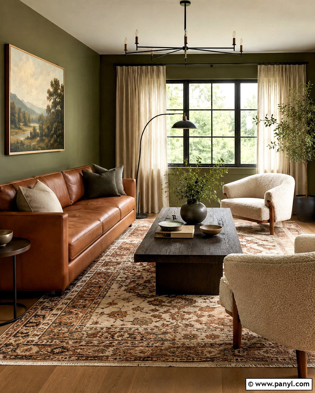 Olive Green Walls With Cognac Leather Sofa - 20 olive green walls living room ideas