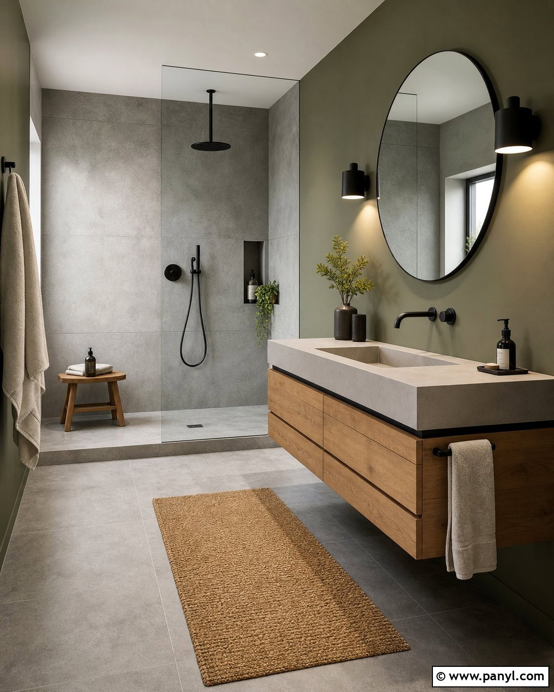 Olive Green Walls With Concrete Gray Tiles - 20 Grey Tiles Green Walls