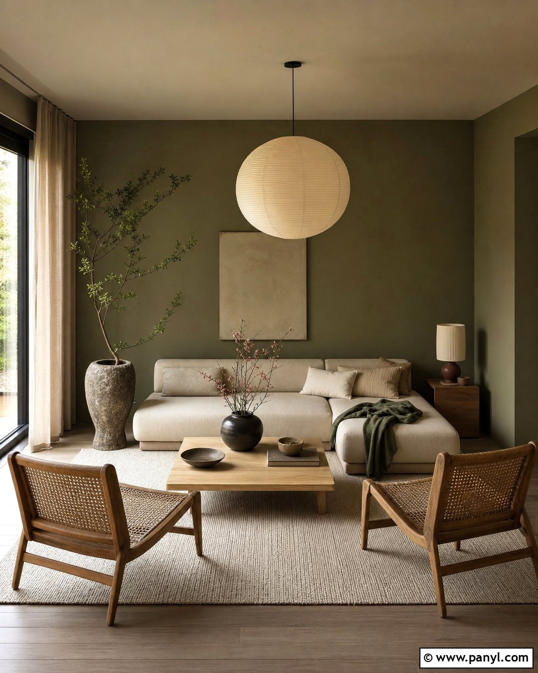 Olive Green Walls With Japandi Furniture - 20 Olive Green Wall Living Room Ideas