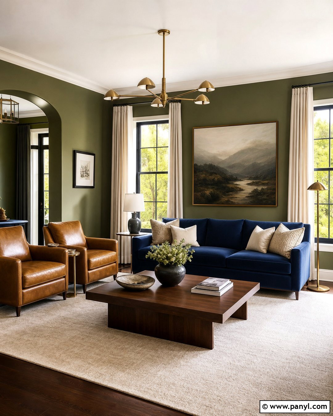 Olive Green Walls With Navy Blue Seating - 20 Olive Green Wall Living Room Ideas