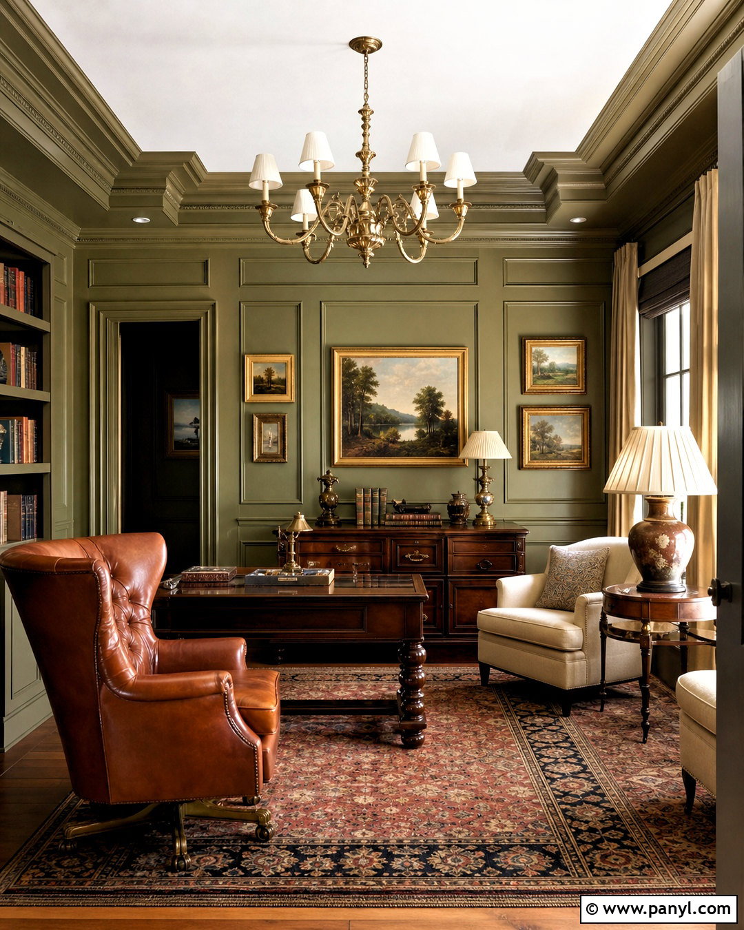 Olive Green Walls With Picture-Frame Molding - 20 traditional wall painting ideas