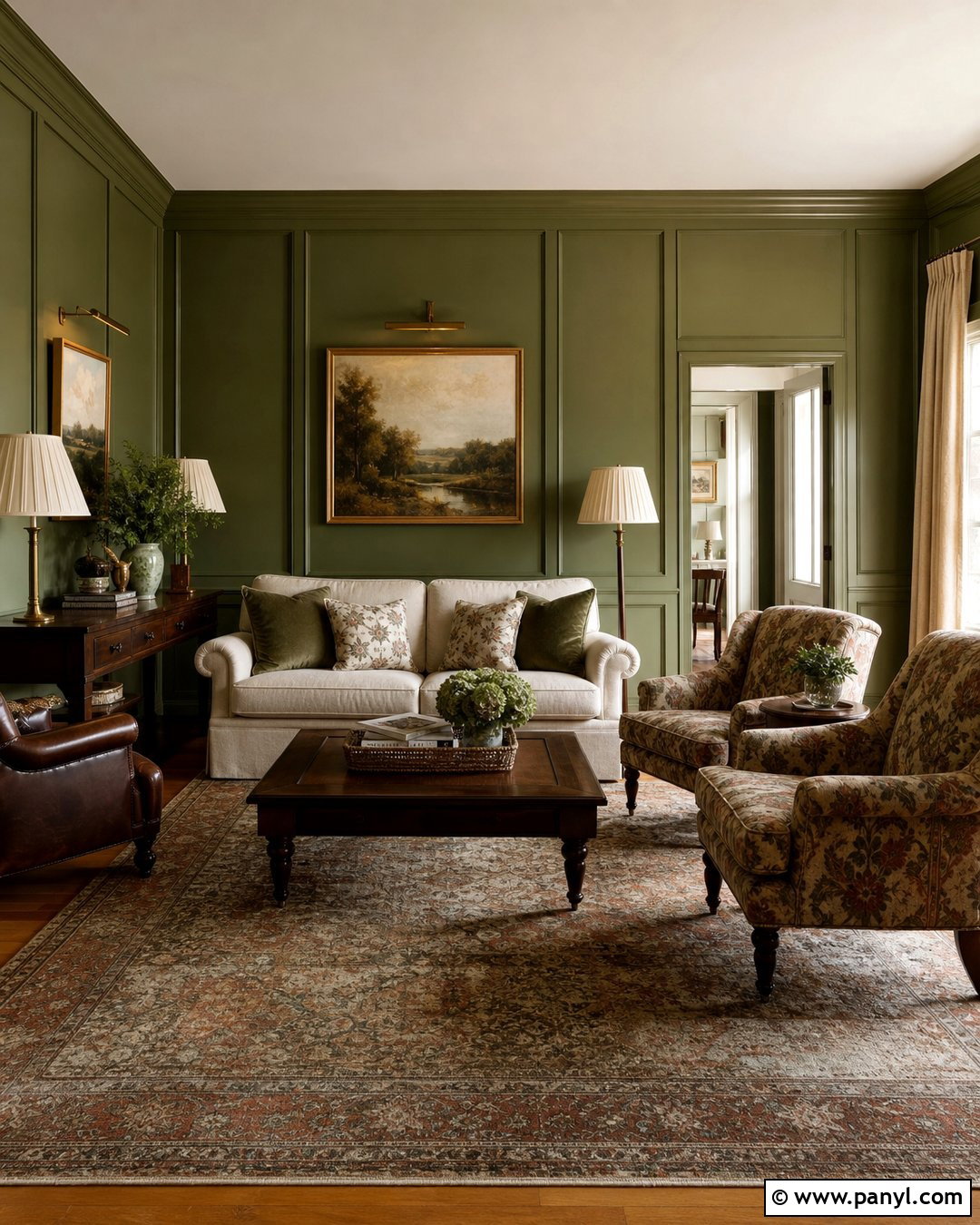 Olive Green Walls With Traditional Paneling - 20 Olive Green Wall Living Room Ideas
