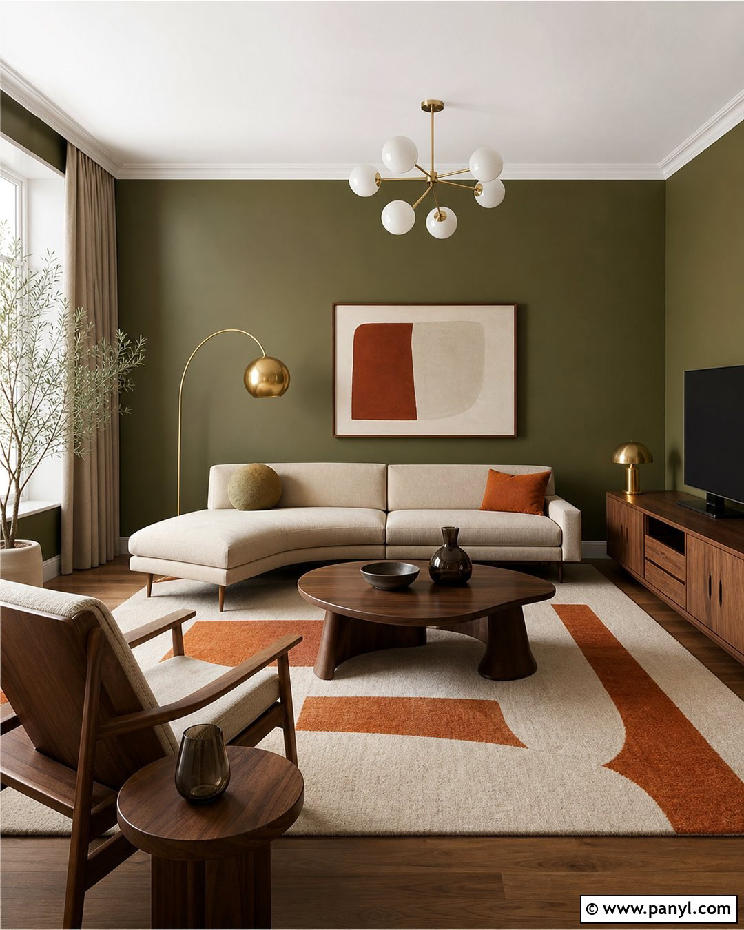 Olive Green Walls With Walnut Furniture - 20 Olive Green Wall Living Room Ideas