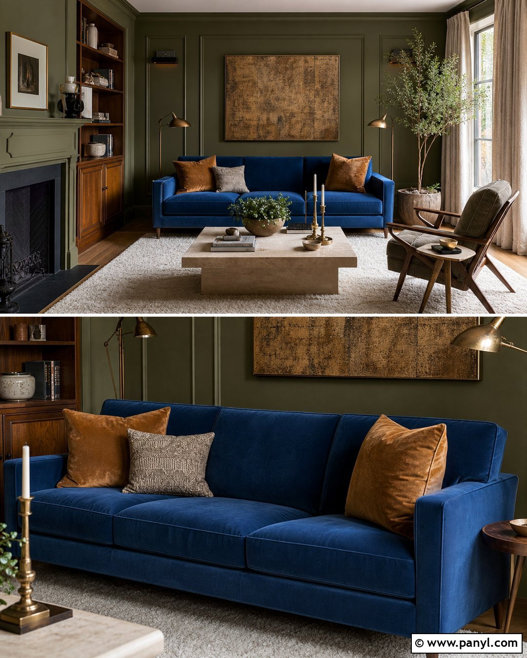 Olive Green Walls With a Blue Couch - 20 Blue Couch Wall Color Ideas