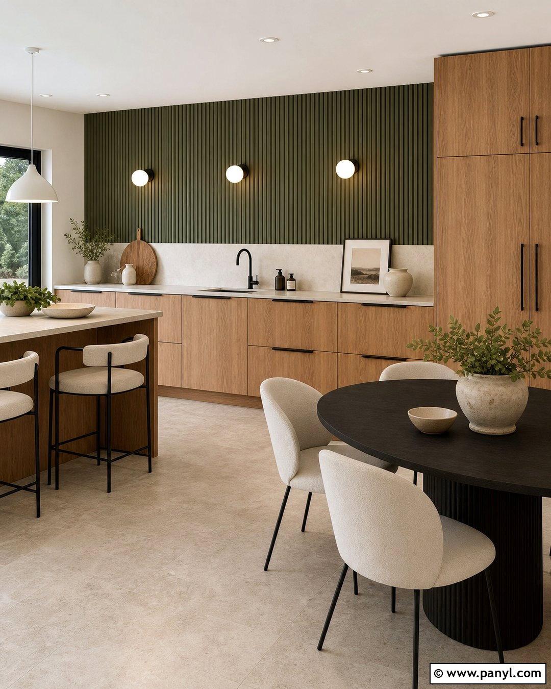 Olive Green Wood Slat Kitchen Accent Wall - 20 Modern Kitchen With Colorful Accent Wall Ideas