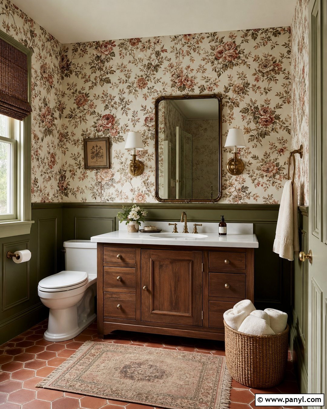 Olive Paneling And Floral Wallpaper Bathroom Walls - 30 Two Toned Bathroom Walls