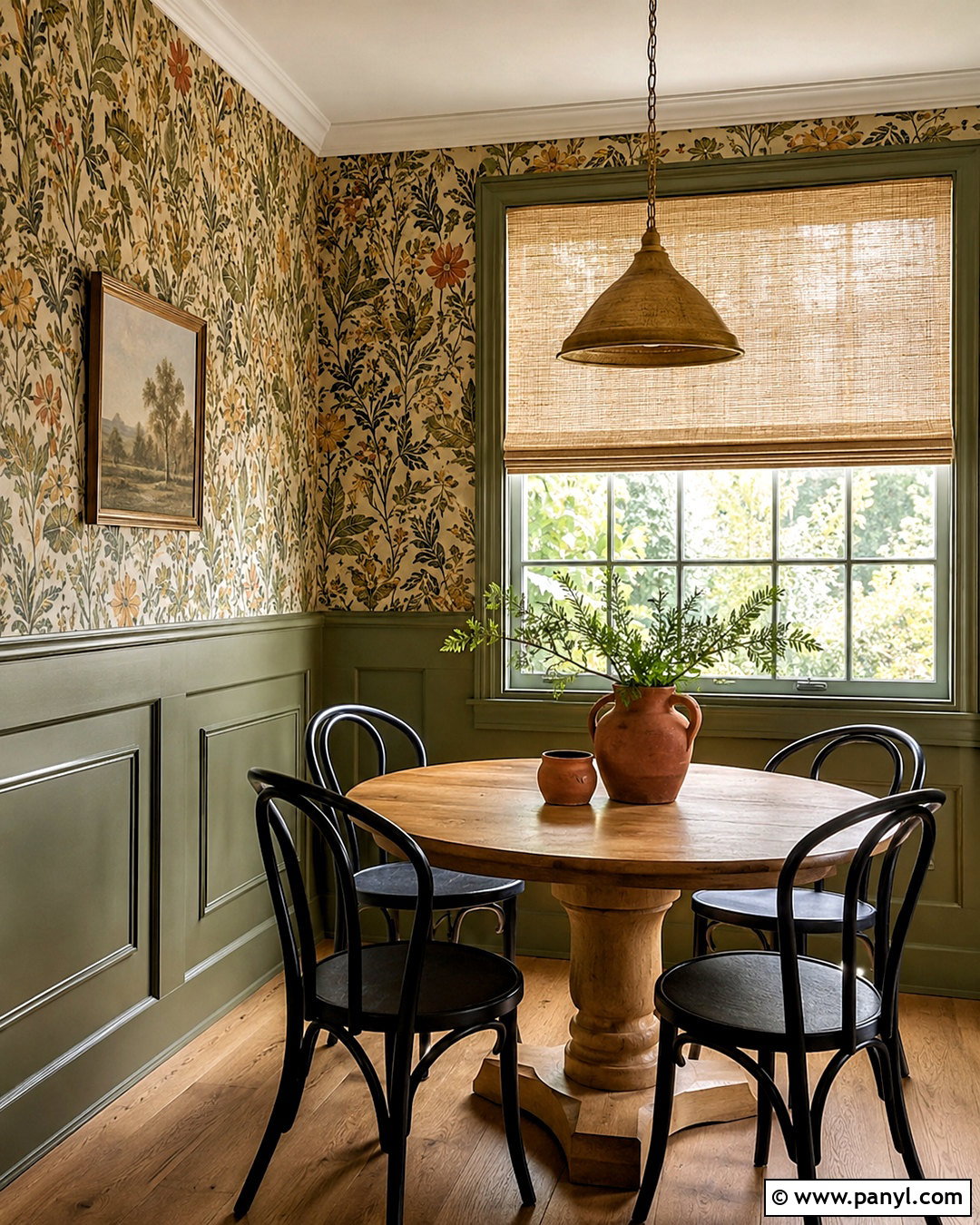Olive Wainscoting With Botanical Wallpaper - 20 painted wainscoting ideas color schemes