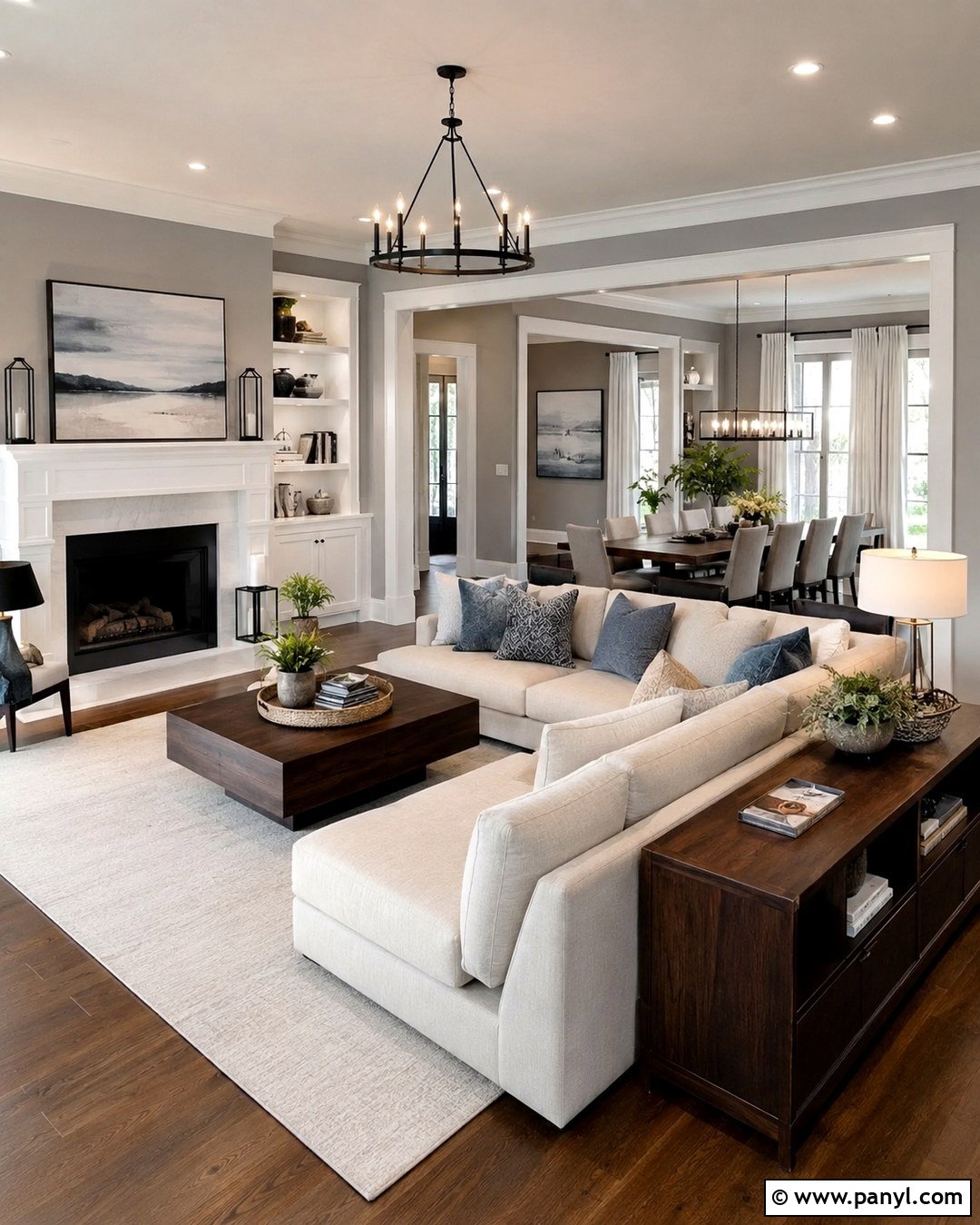 Open Concept Grey Living Room With White Trim - 20 Grey Wall White Trim Living Room Ideas