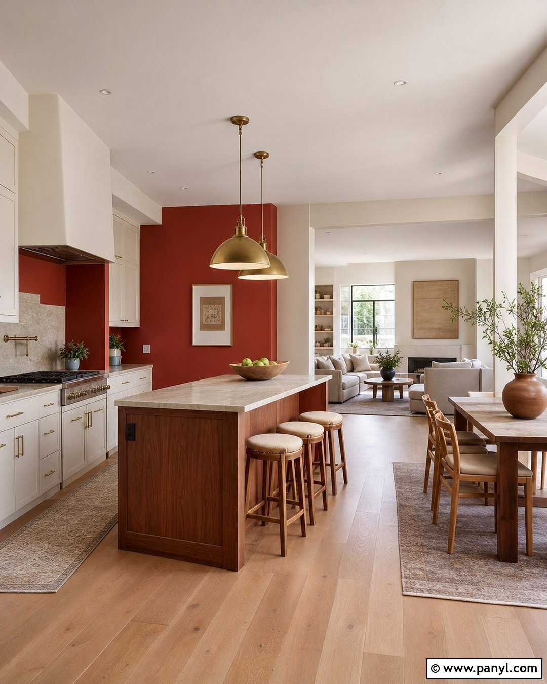 Open-Concept Kitchen With Red Walls - 35 red kitchen walls