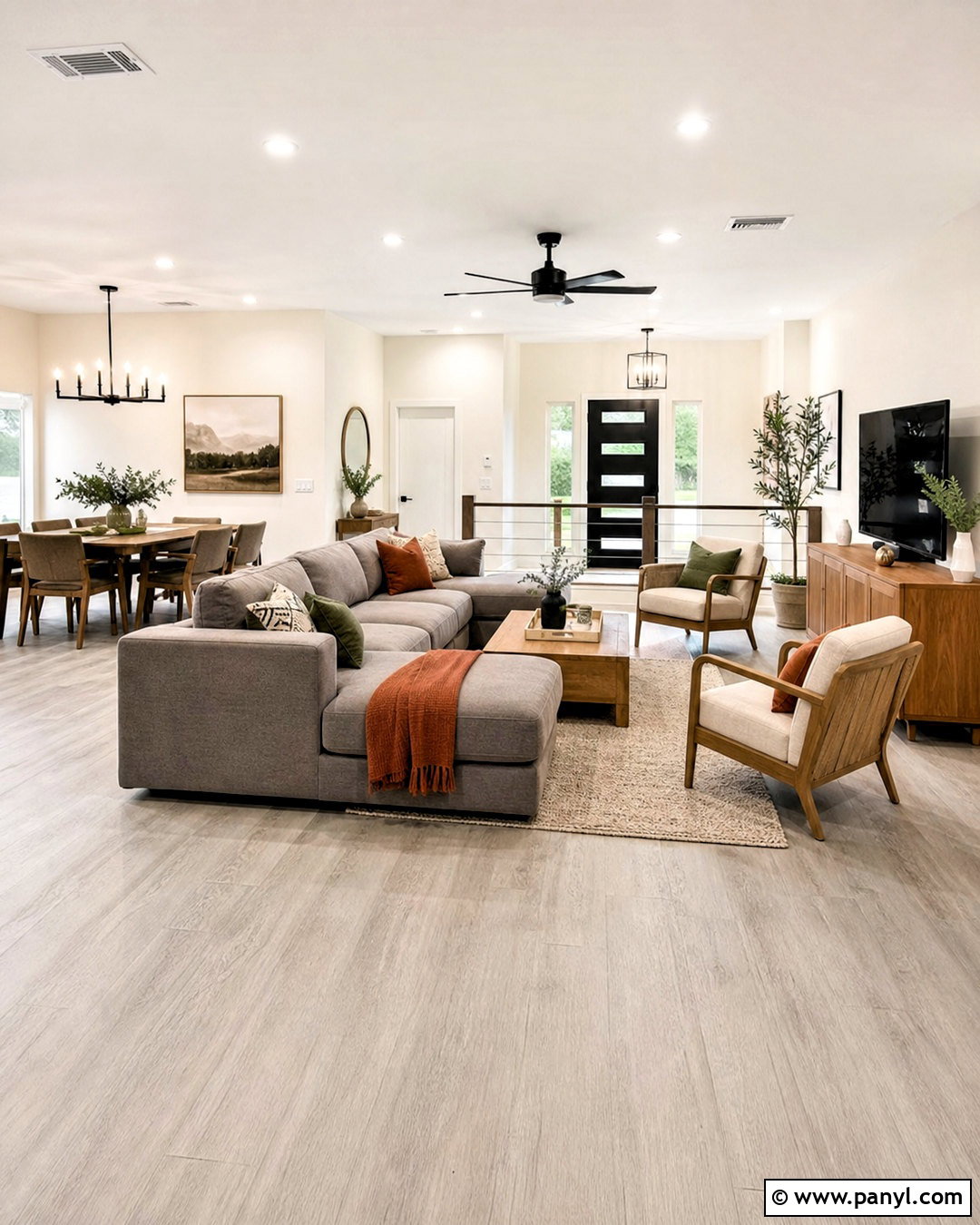 Open-Concept Light Gray Floor Living Room - 20 light gray floors living room ideas