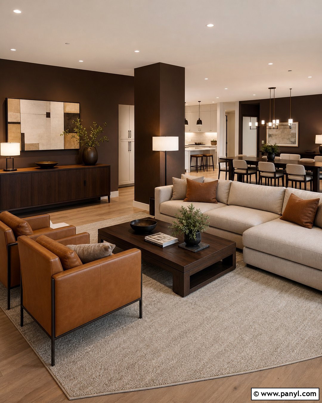 Open Concept Living Room With Dark Brown Walls - 35 Dark Brown Walls Living Room Ideas