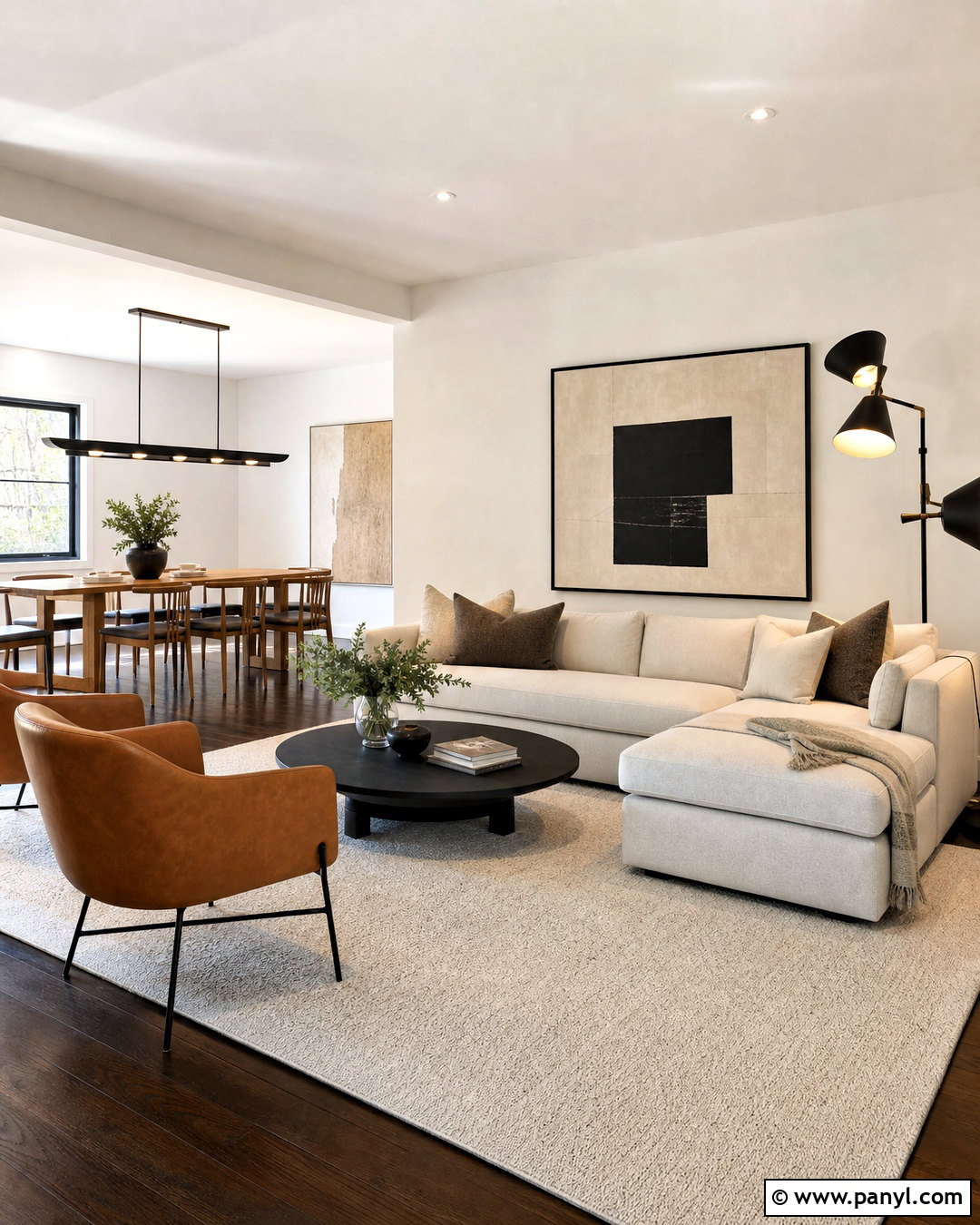Open-Concept Living Room With Dark Floors - 20 white walls dark floors living room ideas