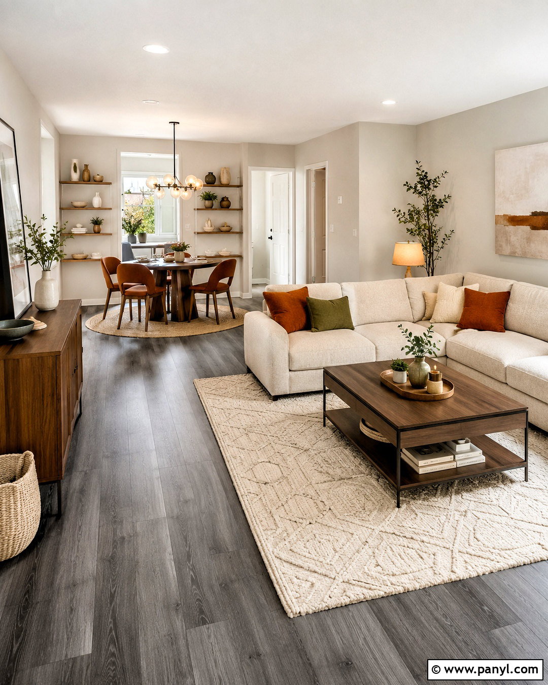 Open Concept Living Room With Dark Grey Flooring - 20 dark grey flooring living room ideas