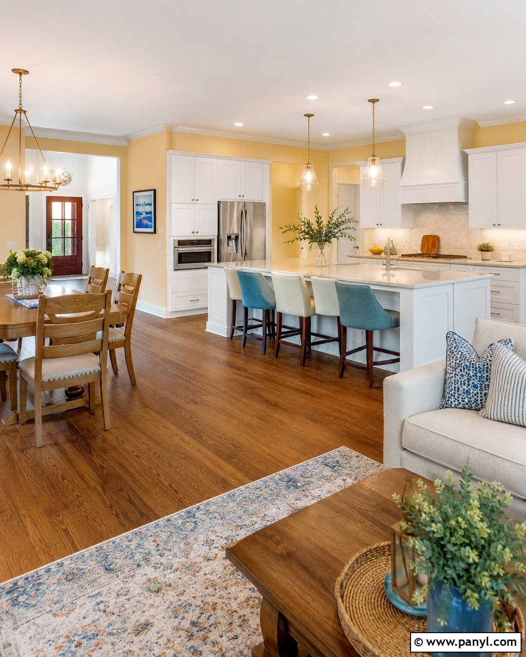 Open-Concept Pale Yellow Kitchen With White Cabinets - 20 Pale Yellow Kitchen Walls With White Cabinets