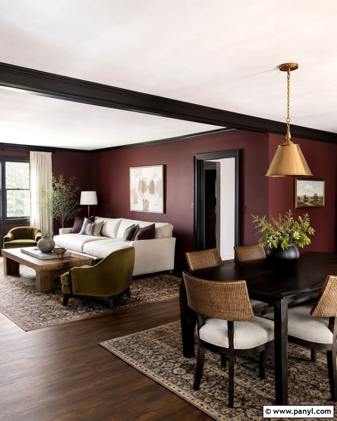 Open Floor Plan With Burgundy Walls And Black Trim - 20 Burgundy Walls With Black Trim Ideas