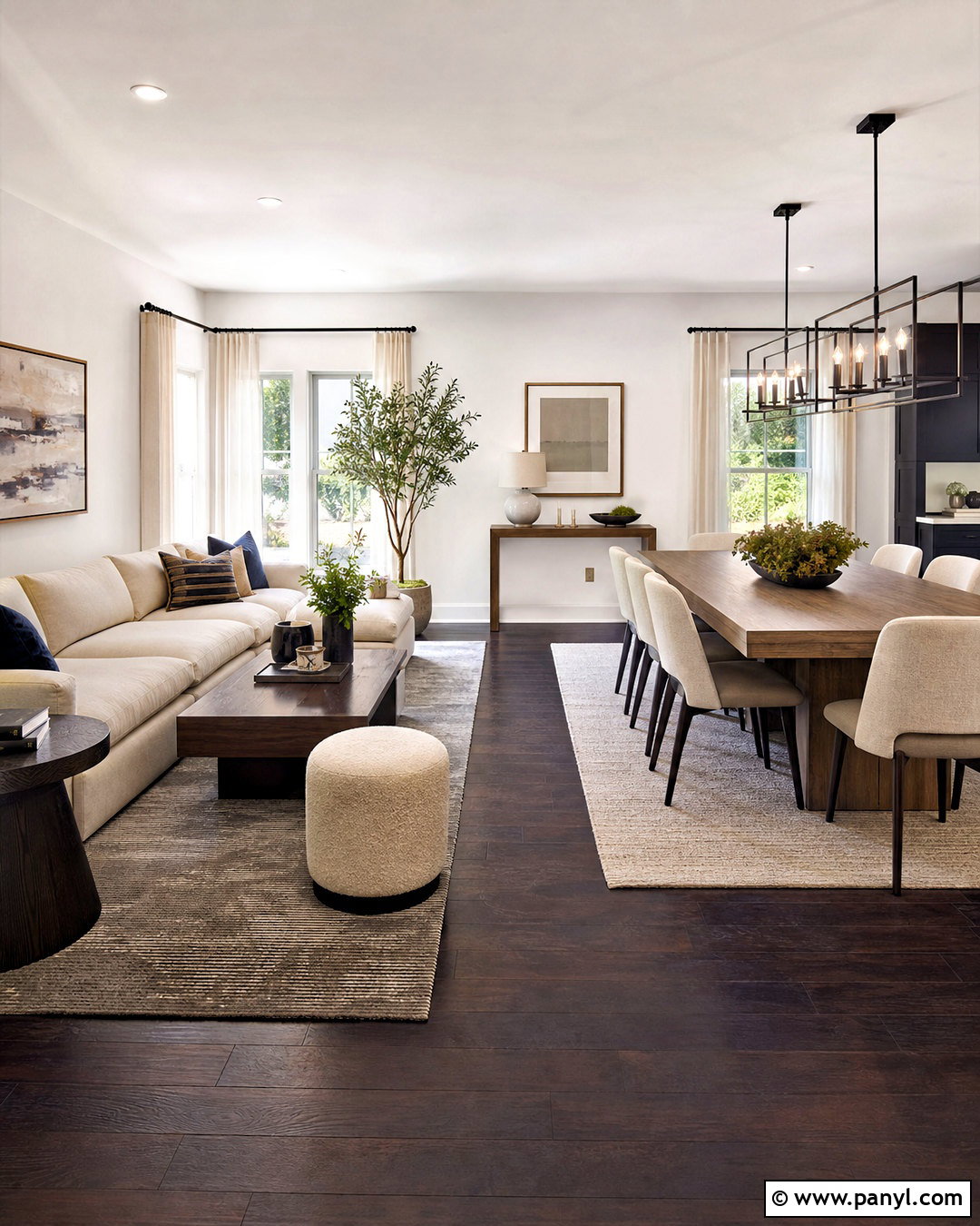 Open Living And Dining Room With Dark Wood Floors - 20 dark wood floors white walls