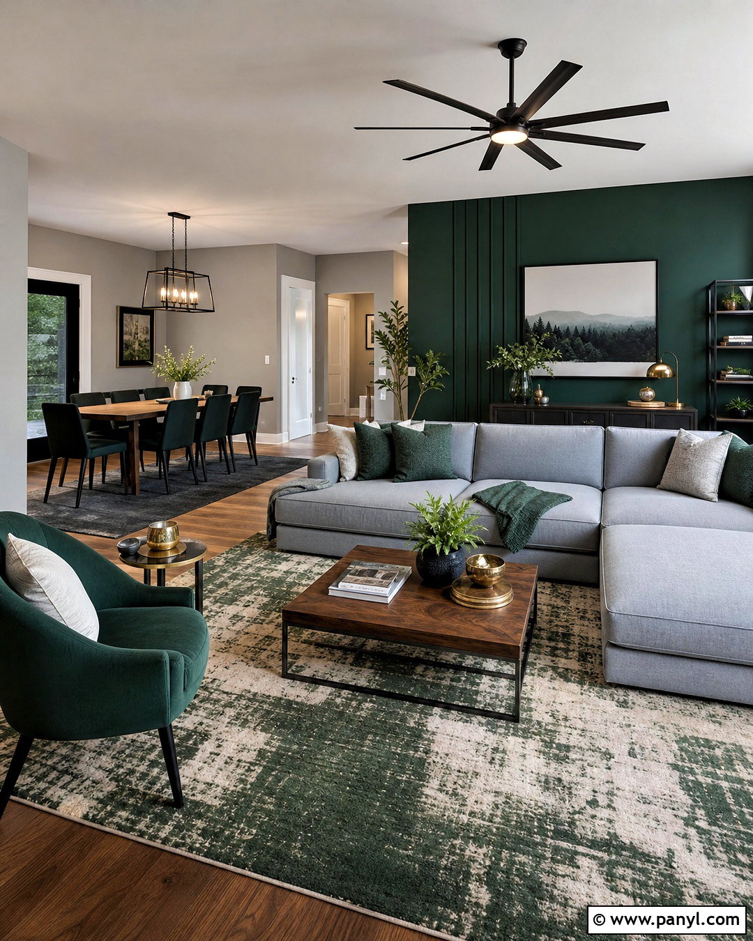 Open-Plan Dark Green and Grey Living Room - 20 dark green and grey living room ideas
