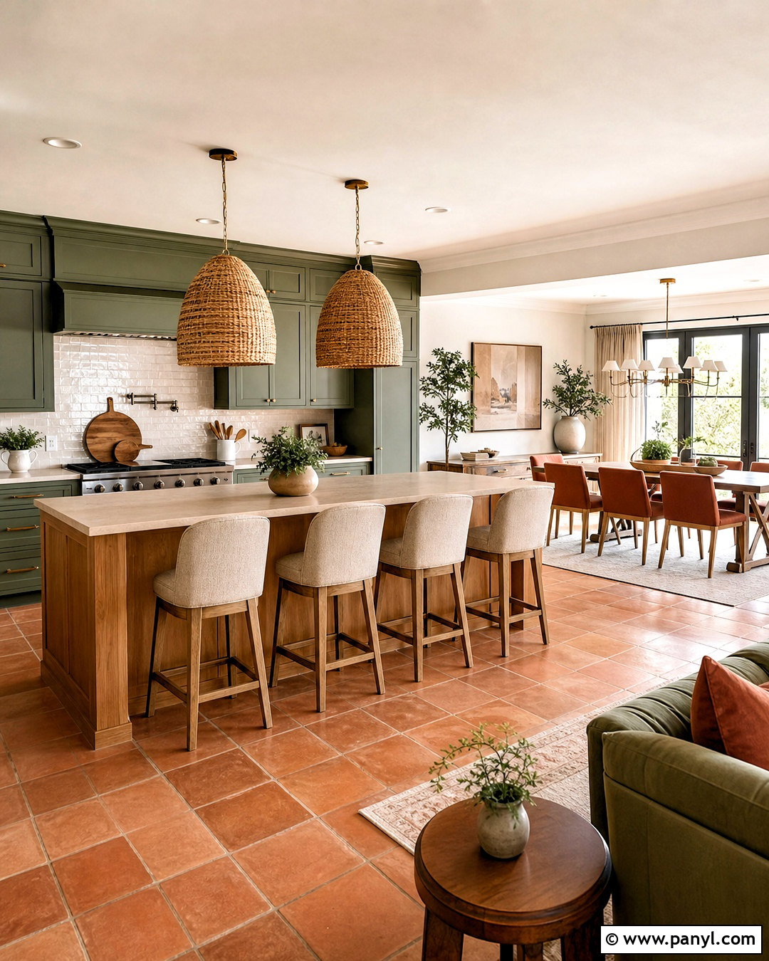Open-Plan Green And Terracotta Kitchen - 20 green and terracotta kitchen ideas