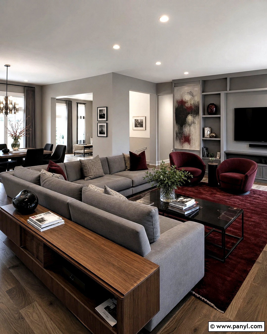 Open Plan Grey And Maroon Living Room - 20 grey and maroon living room ideas