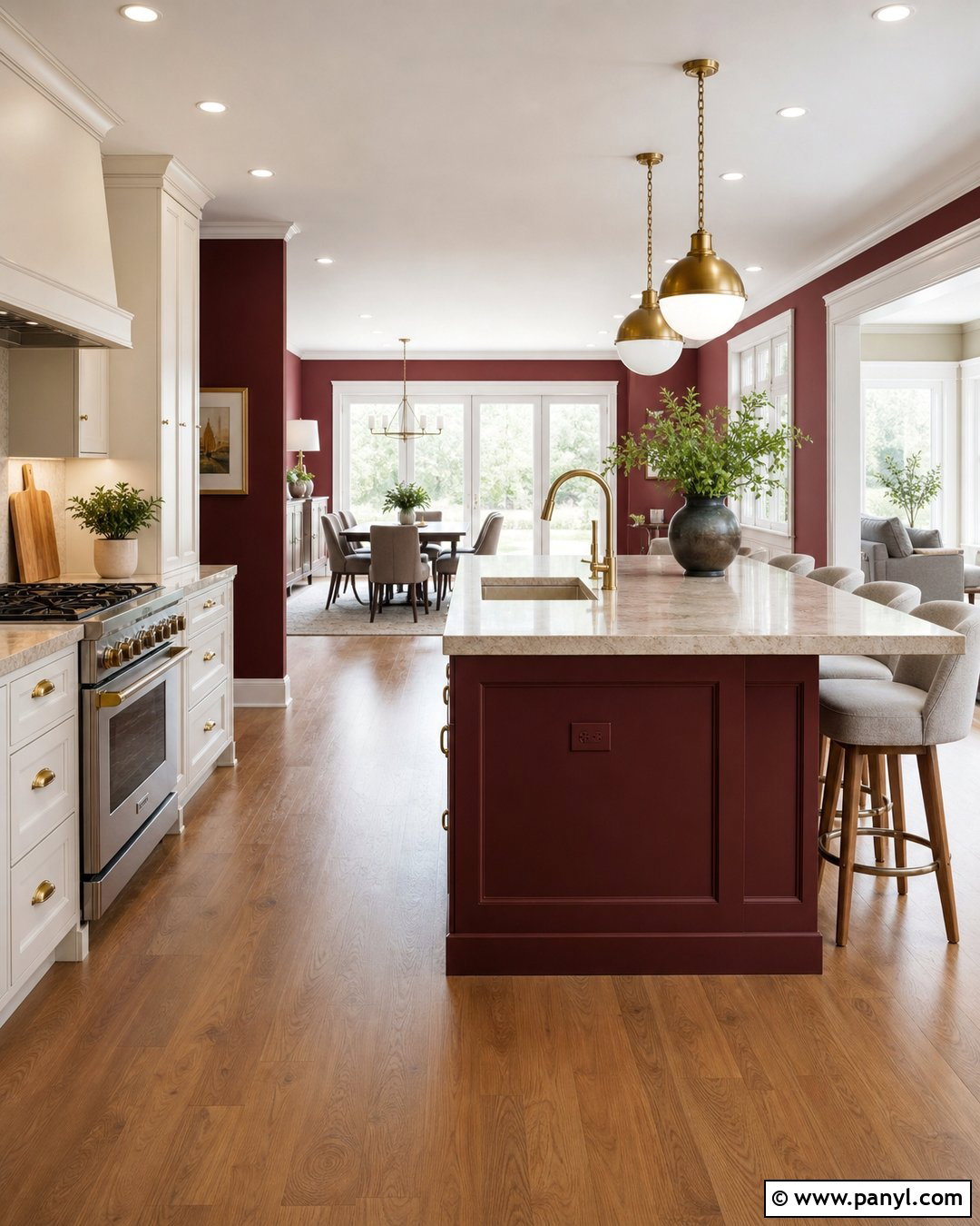 Open-Plan Kitchen With Burgundy Walls - 35 burgundy kitchen walls