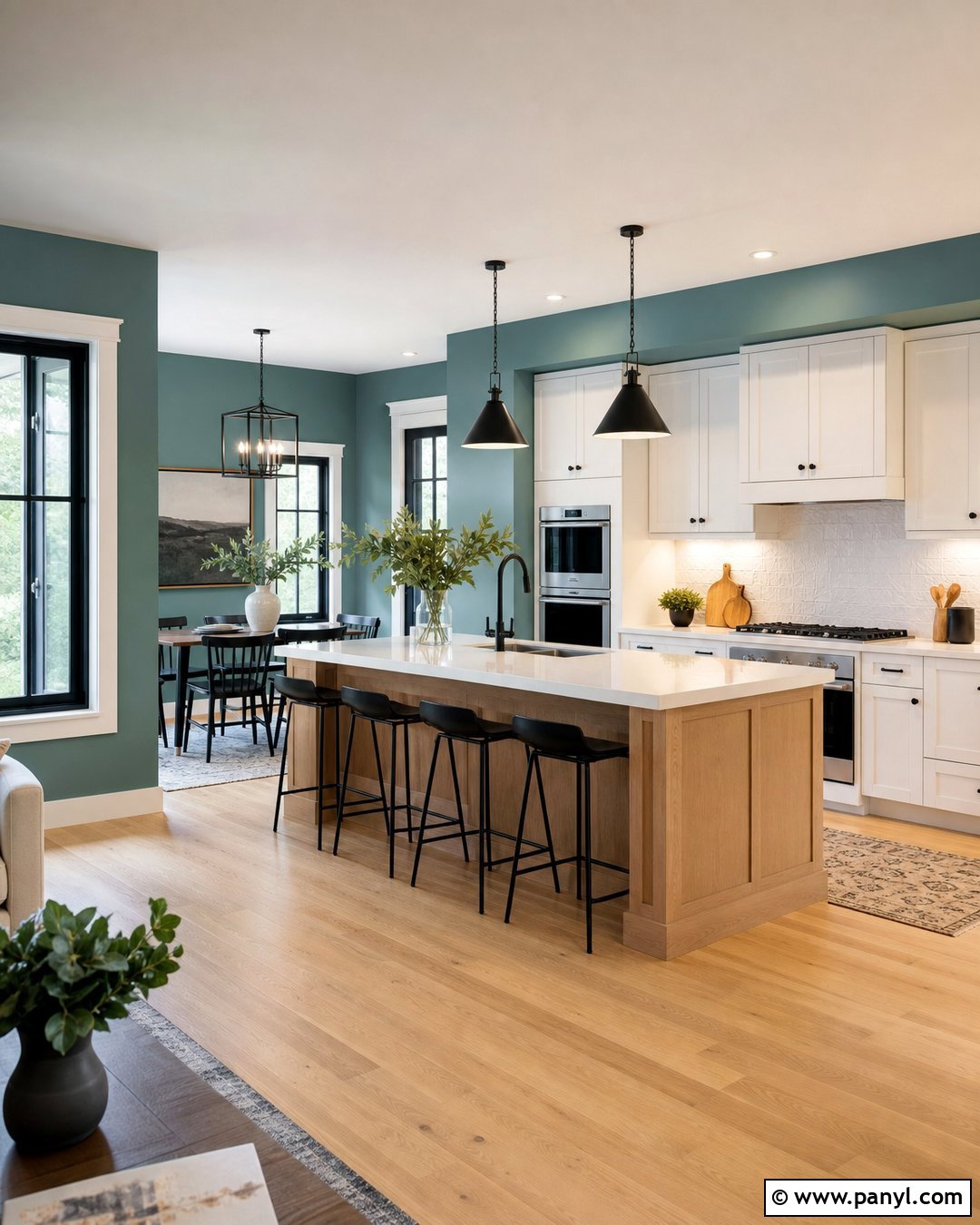 Open-Plan Kitchen With Teal Walls - 20 Modern Kitchen With Teal Walls