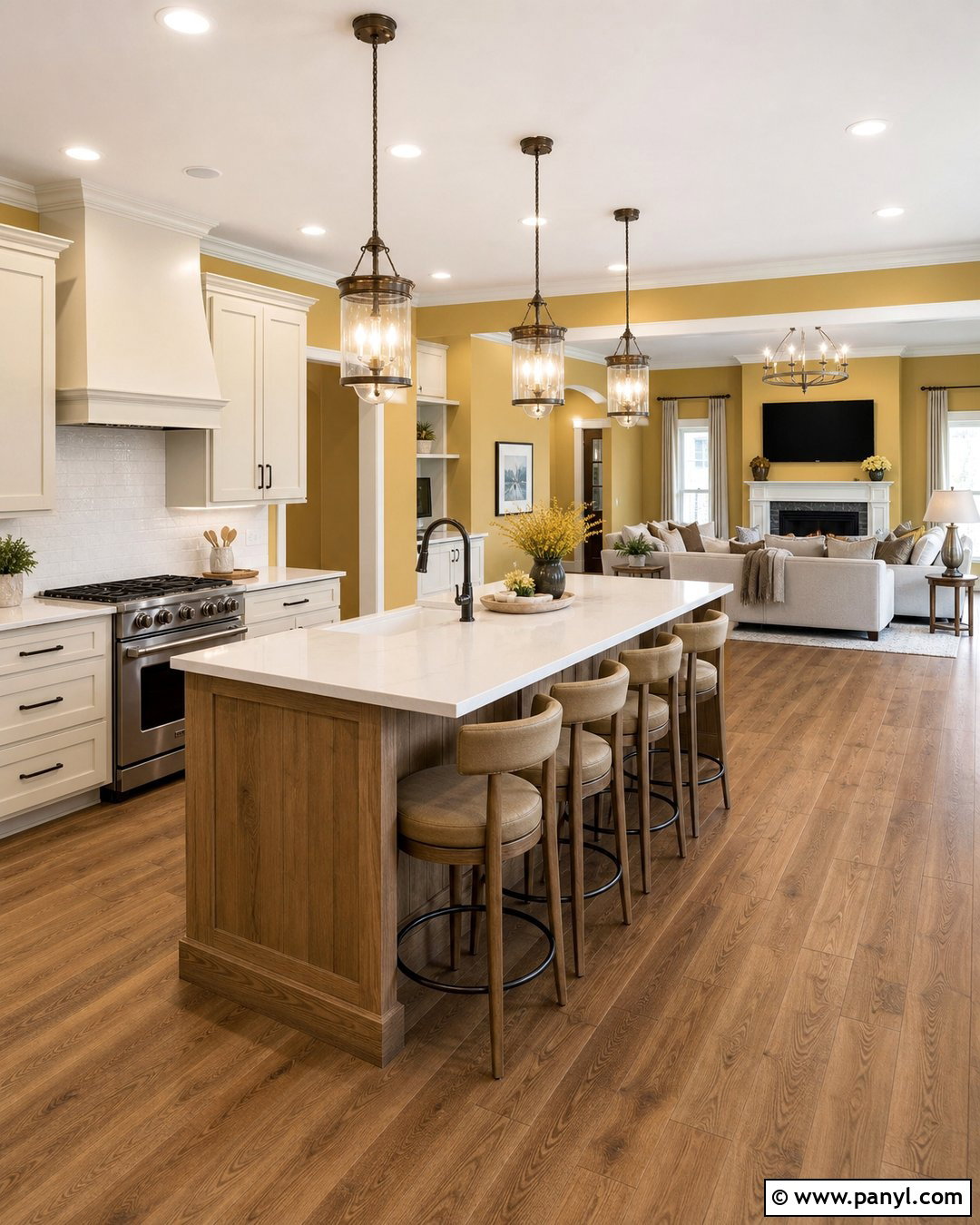 Open-Plan Kitchen With Yellow Walls - 45 Yellow Kitchen Walls