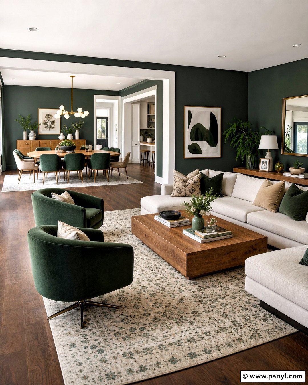 Open Plan Living Room With Dark Green Walls - 20 dark green walls living room ideas