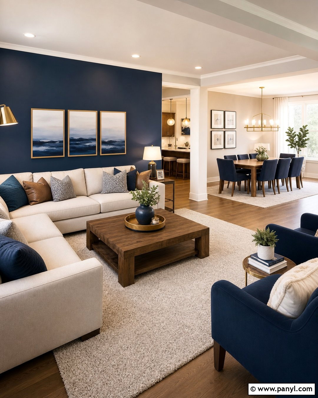 Open Plan Navy Blue Accent Wall - 35 navy blue accent wall living room ideas