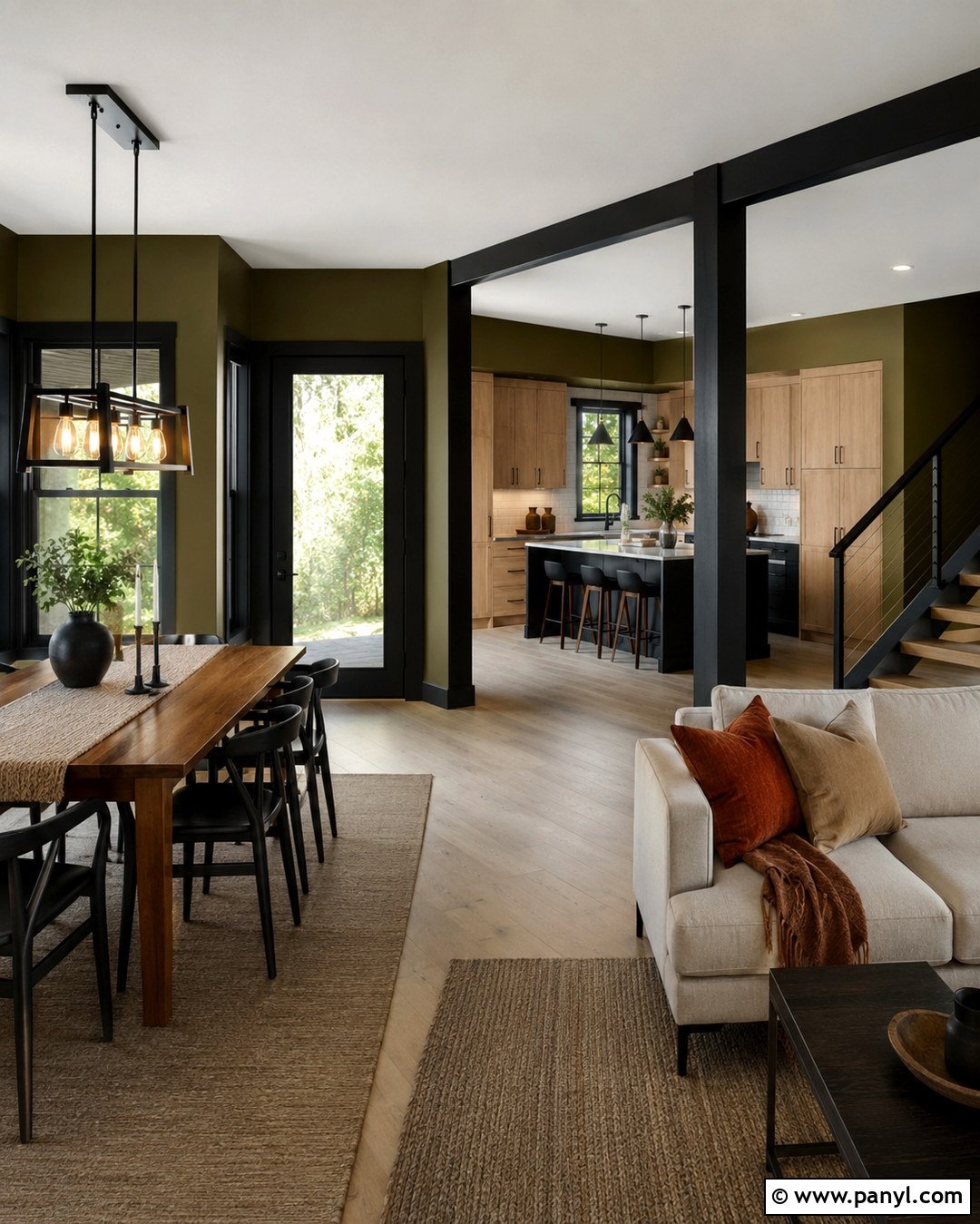 Open Plan Olive Green Walls With Black Trim - 20 Olive Green Walls With Black Trim Ideas