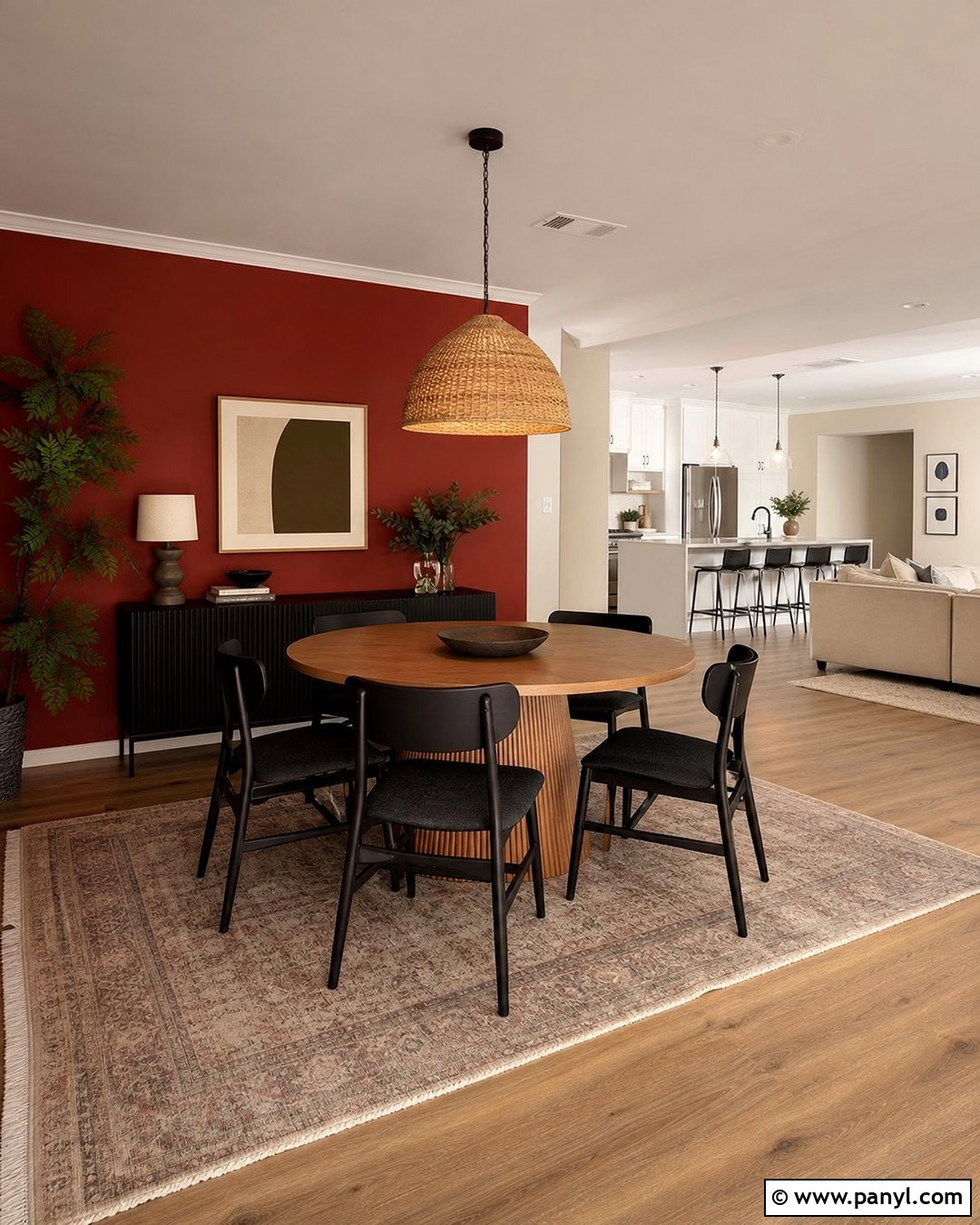 Open Plan Red Feature Wall Dining Area - 35 red feature wall ideas